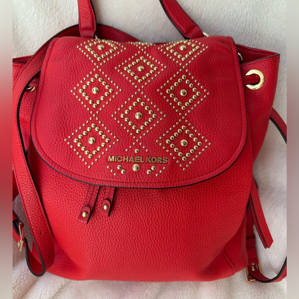 Michael Kors Orange Gold Studded Riley Pebbled Leather Backpack, New w/out tags